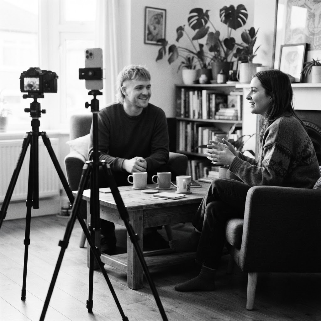 A relaxed lounge recording setup: two people in comfy armchairs with a basic camera and phone on small tripods recording the conversation