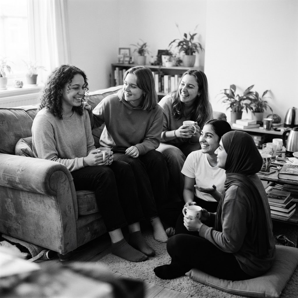 A group of young women in their late teens and early twenties sitting together talking and listening to one another